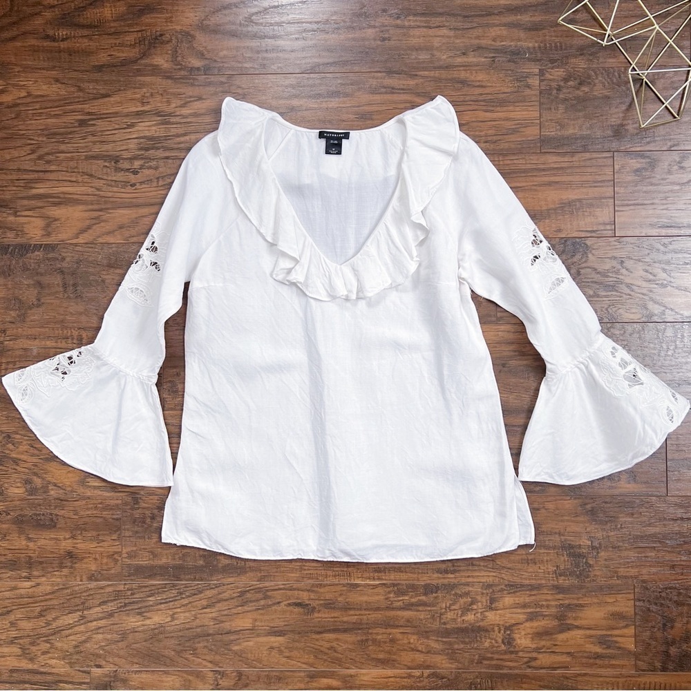 NATORIous • linen blouse ruffle popover eyelet cut out Natori luxury cream white